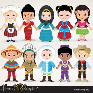 May include: Ten cartoon dolls in traditional outfits from different cultures, holding hands. The dolls display diverse skin tones and clothing styles, including a sombrero, a hijab, and a cowboy hat. The image includes the text "Hues of Redemption".