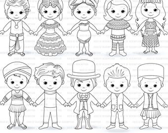 May include: Black and white line art of ten diverse cartoon figures, each dressed in traditional attire from various cultures. The figures are holding hands, creating a chain. The image includes the text "Hues of Redemption".
