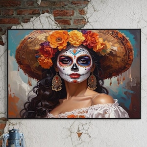 Colorful Sugar Skull Framed Canvas Art, Día de los Muertos Decor, Hispanic Culture Wall Art, Unique Home Decor, Festival & Celebration Print