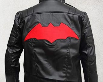 Męska kurtka i kamizelka skórzana Red Hood Arkham Knight w kolorze czarnym.