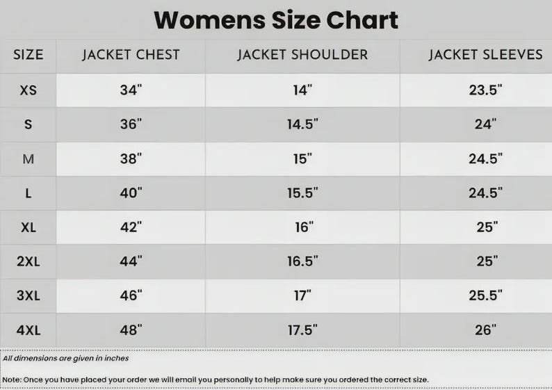 Może przedstawiać: Tabela rozmiar&oacute;w zatytułowana "Womens Size Chart" z wymiarami w calach. Tabela zawiera wymiary klatki piersiowej, ramion i rękaw&oacute;w kurtek dla rozmiar&oacute;w od XS do 4XL. Tekst "All dimensions are given in inches" znajduje się na dole.