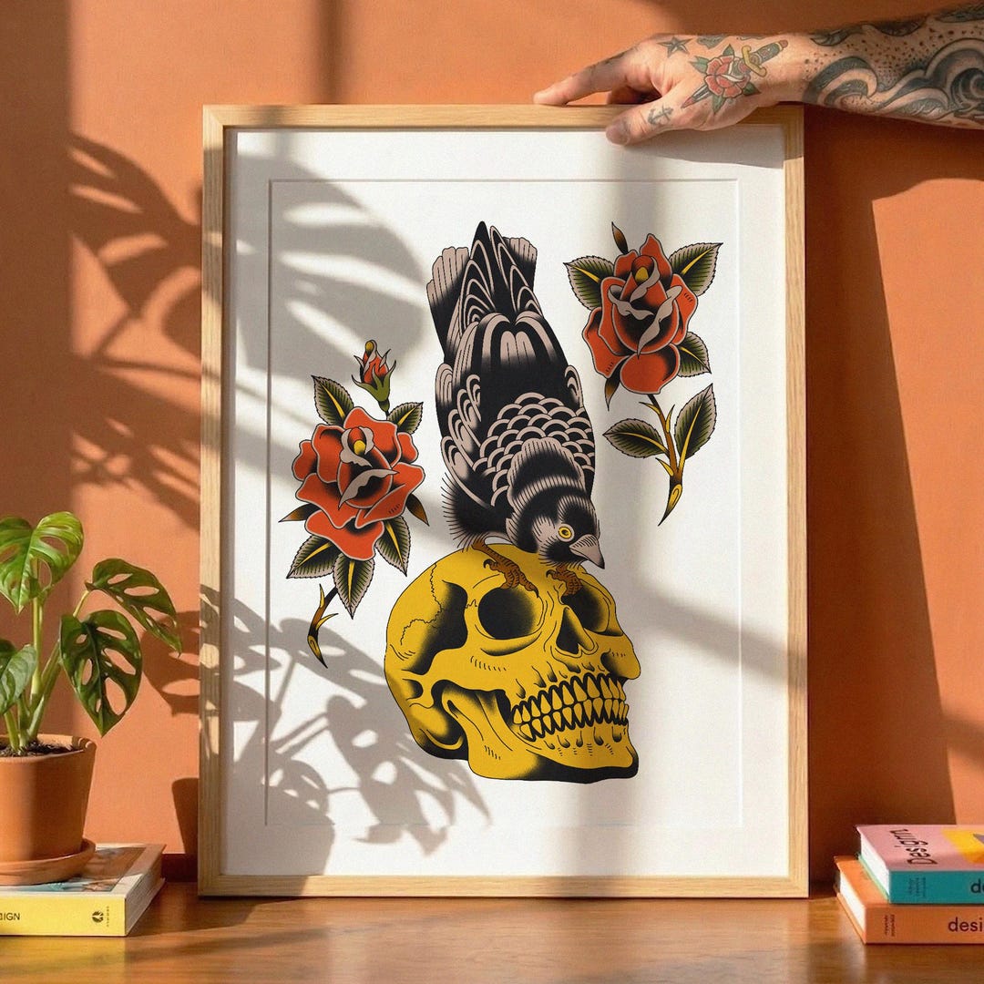 Traditional Tattoo Flash Print – Skull Raven Roses Wall Art (unframed ...
