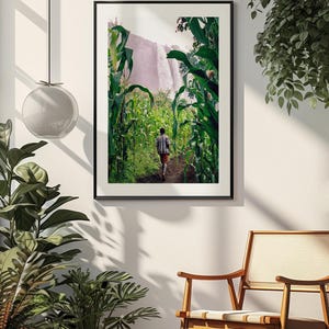 May include: Framed print of a person walking on a path through tall green corn stalks, leading towards a waterfall. The image is in a black frame and hangs on a white wall, with a wooden chair and plants in the foreground.