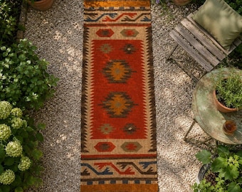 Southwestern Runner Rug, Handmade Tribal Kilim Runner, Boho Hallway Carpet Decor