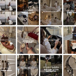 May include: A grid of twelve lifestyle images featuring a person in a white skirt, a dark handbag, a white bed, a scooter, a red bag, a car interior, a white jacket, and a black ornate staircase with various text overlays.