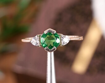 Handmade Emerald Ring | Round Cut Sterling Silver Engagement Jewelry