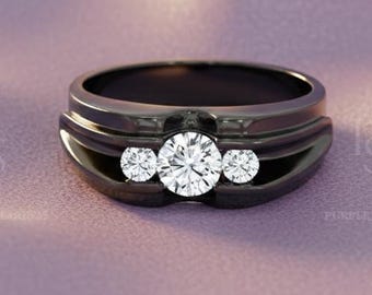 Lab Created Diamond Three Stone Men's Ring, Sterling Silver Wedding Band
