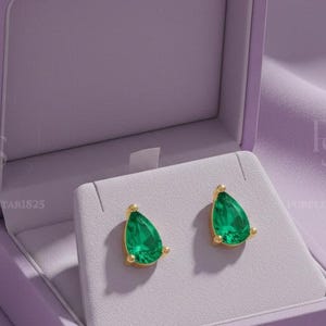 Emerald Pear Stud Earrings | 14K Yellow Gold Plated Sterling Silver