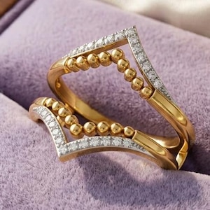 Chevron Enhancer 14K Yellow Gold Plated , Beaded V Shaped Guard Double Curved Stacking Band Set for Solitaire, Wedding Anniversary Gift Ring