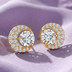 Lab erstellt Diamant Halo Crescent Moon Ohrstecker, 14K Gelbgold überzogenen himmlischen Schmuck