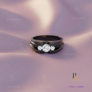 Lab Created Diamond & Gemstone Men’s  Band, Unique Gift for Husband Engagement Ring, Three Stone Statement 14K Black Gold Plated 1.50Ct