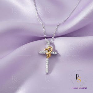 Collier pendentif coeur et croix bicolore, argent sterling 0,75 ct, diamants créés en laboratoire et pierres précieuses