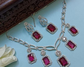 Ruby Pink Cubic Zirconia Statement Necklace Set | Silver Bridal Jewelry Set | Elegant Wedding & Party Wear Necklace for Women