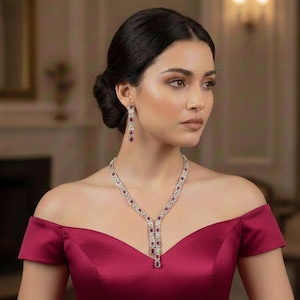 May include: A woman wearing a ruby and diamond necklace and matching earrings. The jewelry is set against a burgundy off-the-shoulder dress. The necklace has a central pendant and the earrings are long and dangling.