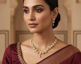 Elegant Floral Gold Necklace Set | Minimal Bridal Jewelry Set | Cubic Zirconia Flower Necklace & Earrings | Wedding Jewelry Gift for Women