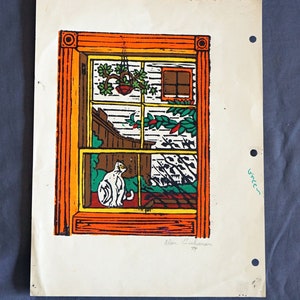 SF Painted Lady #4 Cat in Window Block Print Hand Colored by 'Baru' Alan Eichman