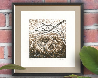 GRASS SNAKE : lino-cut PRINT Signed, original art. Printed by hand in edition of 12 ~ snake animal wildlife nature serpent scales reptile