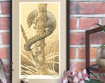PANGOLIN: lino-cut PRINT Signed, original art. Hand printed in edition of 17 ~ endangered animal african asian wildlife nature tree claws