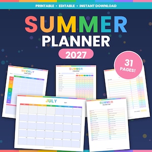 Pode incluir: Um planejador de verão 2027 imprimível de 31 páginas com cabeçalhos e texto coloridos. A coleção inclui um plano de refeições semanal, uma lista de verificação de verão, um calendário de julho de 2027, uma lista de desejos e 31 PAGES!