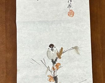 Blumen- und Vogel-Tuschemalerei auf Hanshi-Papier, 80 Jahre alt/Japan/Showa