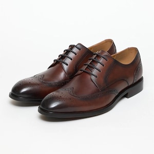 Handmade Brown Leather Oxford Brogue Shoes: Wingtip Dress Shoes