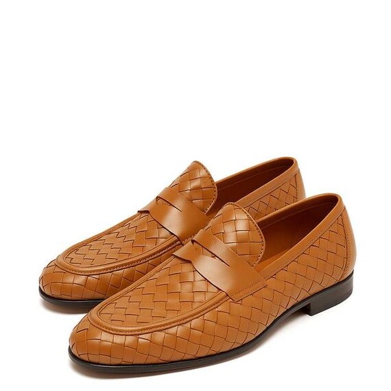 Handmade Tan Leather Woven Loafers: Men display picture 2