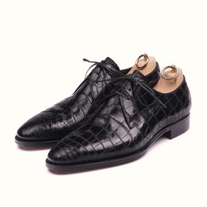 Zapatos de vestir de piel de cocodrilo negra hechos a mano / Zapatos Oxford de lujo con cordones para hombre / Zapatos formales de boda