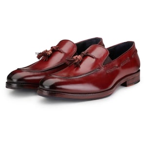 Handmade Burgundy Leather Tassel Loafers Formal Stylish Dress Shoes Mens