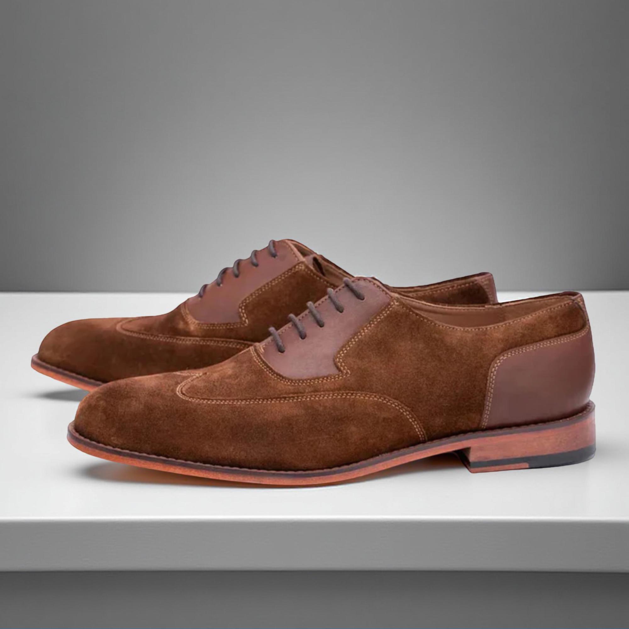 Handmade Suede Wingtip Oxford Shoes: Formal Brown Leather 