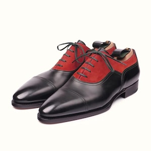 Handmade Black Leather & Red Suede Oxford Shoes: Two-Tone Dress Shoes
