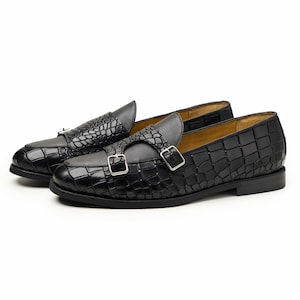 Handmade Black Leather Double Monk Strap Loafers for Men