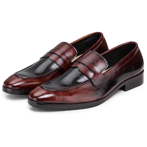 Handmade Two Tone Leather Penny Loafers - Men&#39;s Slip-On Dress Shoes - Formal Leather Shoes