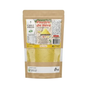Peut inclure: Un sachet en papier kraft contenant 100 grammes de Poudre de Néré, également appelée Poudre de Gnialt. L'étiquette affiche le logo Le Marché Africain, des informations nutritionnelles, un code-barres et l'origine du produit, la Côte d'Ivoire.
