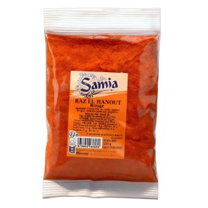 May include: A clear plastic pouch filled with vibrant orange-red Raz El Hanout Rouge spice blend. The label features the brand name Samia in blue text, a list of ingredients, nutritional information, a barcode, and a net weight of 100 grams.