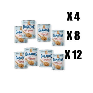 Peut inclure: Plusieurs boîtes de beurre de cacahuète Dakatine, avec le texte "L'Originale" et une cuillère en bois. L'image présente des options pour 4, 8 et 12 boîtes, avec les quantités indiquées.