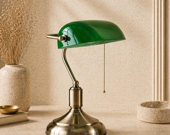 Handmade Banker's Lamp - Green Glass Desk Light - Vintage Office Decor