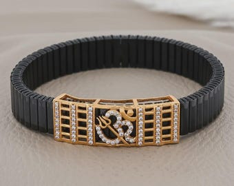 Om Trishul Bracelet for Men – Black & Gold Spiritual Jewelry | OM Trishul Shiva Bracelet | Protection And Strength Bracelet | Gift for Him