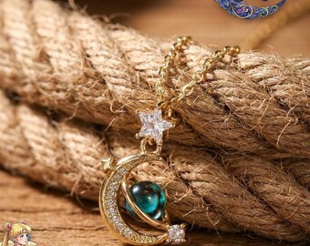 Dreamy Planet Copper Necklace | 18K Gold-Plated Moon & Earth Pendant | Rhinestone Inlaid Clavicle Chain