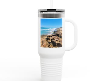 Rocky Beach Scene Insulated Travel Mug, 40oz - Coastal Beverage Container, Large Coffee Cup, Travel Tumbler Flask, Beach Lover Gift, Outdoor