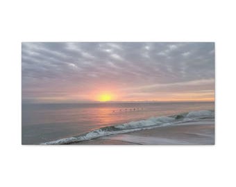 Canvas Stretched, Beach Sunrise Wall Art, Coastal Home Decor, Seagull Painting, Ocean View Print, Tropical Vibes Poster