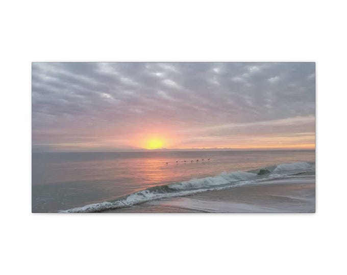 Canvas Stretched, Beach Sunrise Wall Art, Coastal Home Decor, Seagull Painting, Ocean View Print, Tropical Vibes Poster
