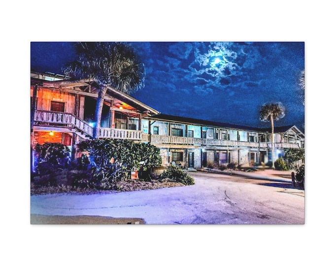 Wall Art of Driftwood Resort B Building at Night with Full Moon