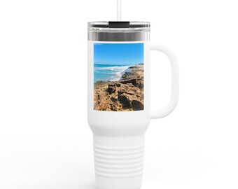 Rocky Beach Scene Insulated Travel Mug, 40oz - Coastal Beverage Container, Large Coffee Cup