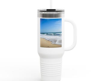 Sunny Beach Insulated Travel Mug, 40oz - Large Beach Scene Coffee Cup, Summer Vacation Tumbler, Traveler Gift, Coastal Drinkware, Ocean