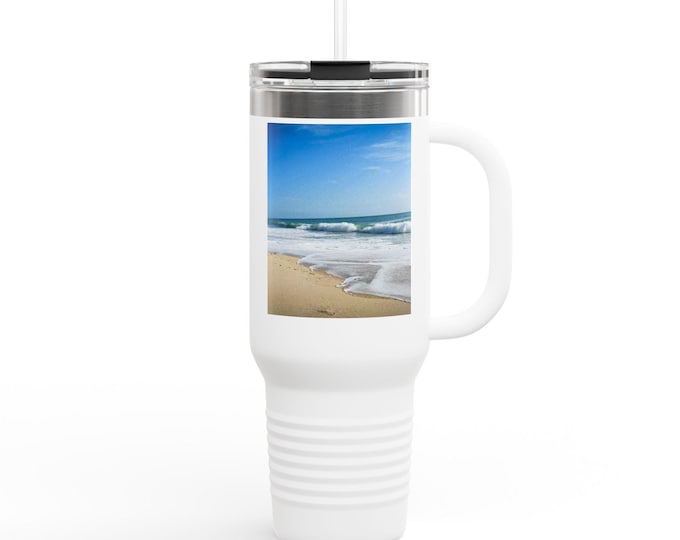 Sunny Beach Insulated Travel Mug, 40oz - Large Beach Scene Coffee Cup, Summer Vacation Tumbler, Traveler Gift, Coastal Drinkware, Ocean