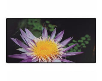 Large Desk Mat with beautiful purple flower and dragonfly