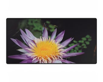 Purple Flower Desk Mat: Dragonfly Design - Non-Slip Base