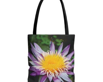 Purple Flower and Dragonfly Tote Bag, Floral Tote, Nature Lover Gift, Reusable Grocery Bag, Eco-Friendly Shopping Bag, Botanical Print Purse