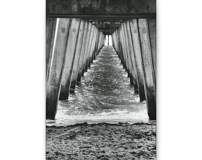 Canvas Stretched, Black and White Shot of the Beach Under a Pier Wall Art Print, Coastal Decor, Ocean View, Seaside Art, Nautical Poster,