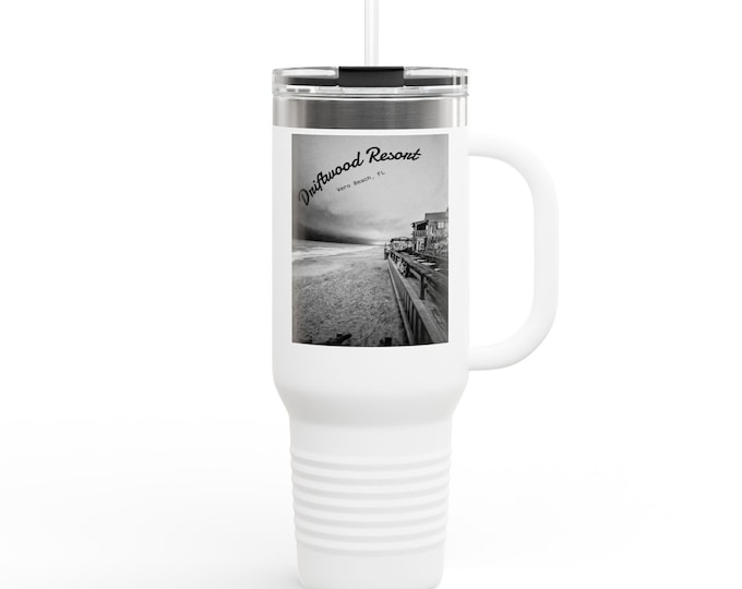 40oz Insulated Travel Mug, Driftwood Resort Vero Beach Night Shot, Vacation Souvenir Cup
